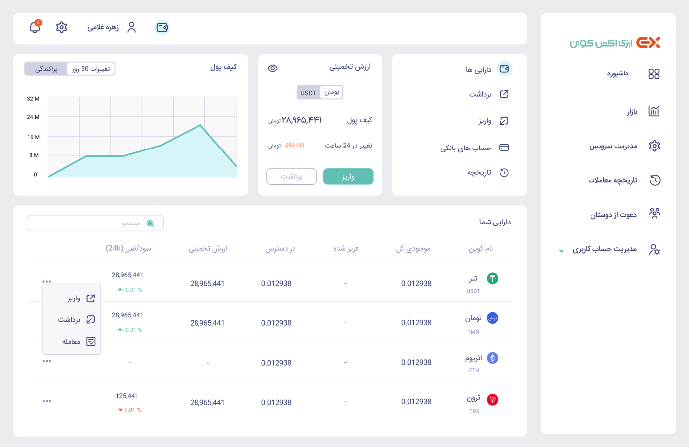 Wallet page listing coin balances against their estimated value and 24-hour change